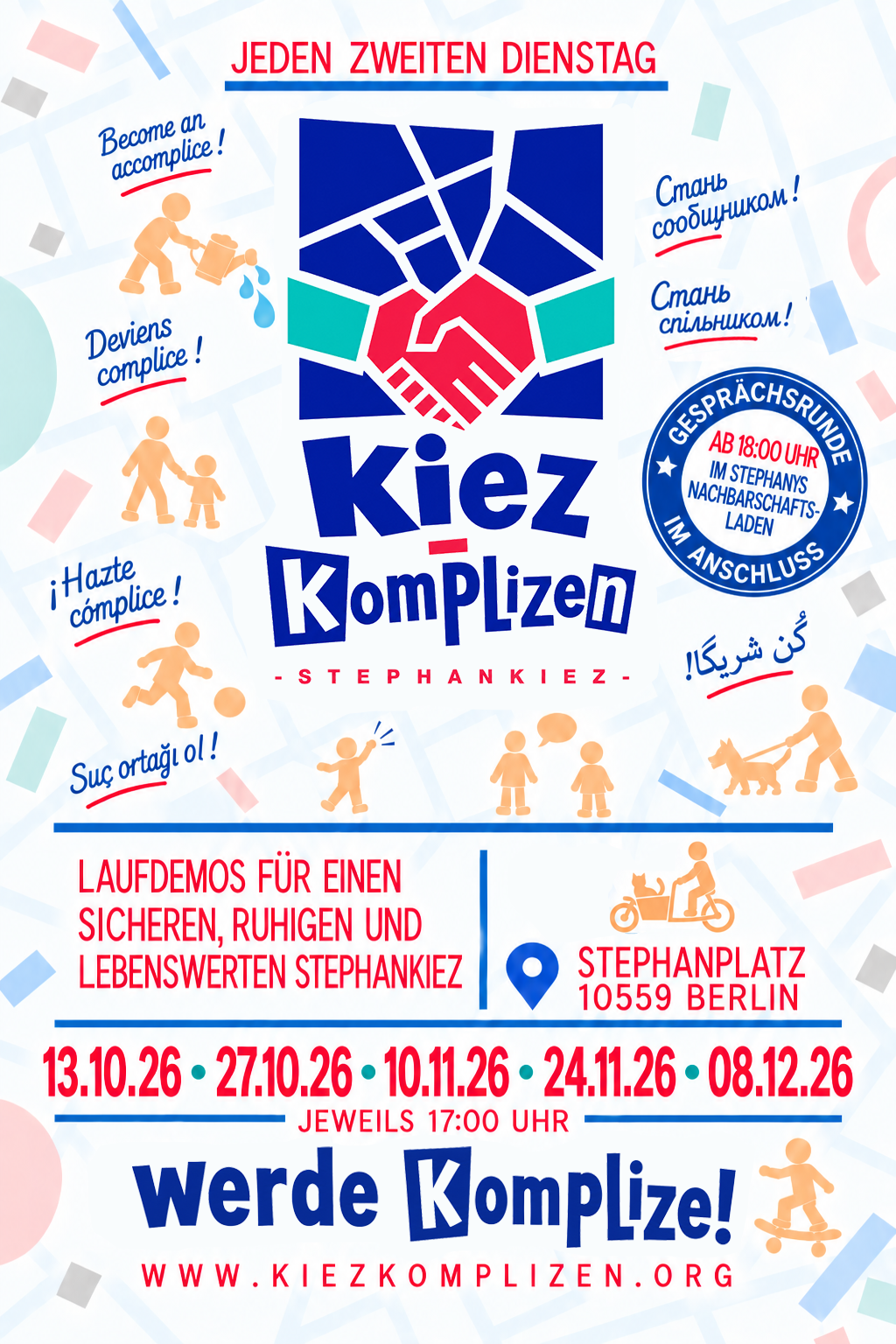Aktueller Flyer der KiezKomplizen mit den Laufdemo-Terminen, 13.10. bis 08.12.26