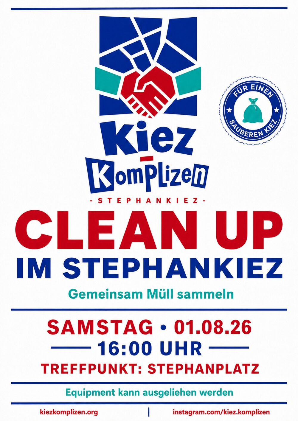Flyer Clean Up im Stephankiez, Samstag 01.08.26, 16 Uhr, Treffpunkt Stephanplatz