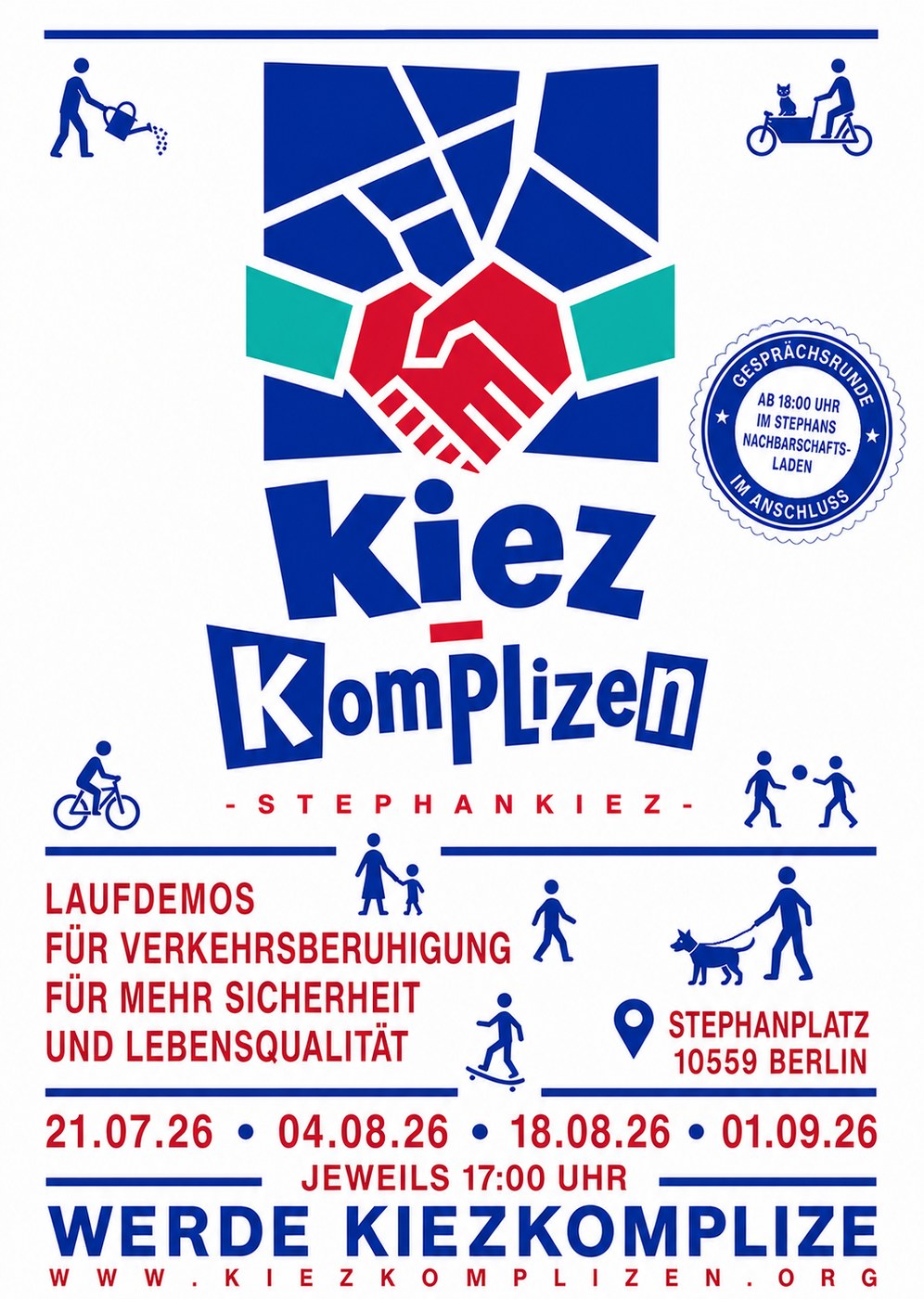 Aktueller Flyer der KiezKomplizen mit Terminen der Laufdemos