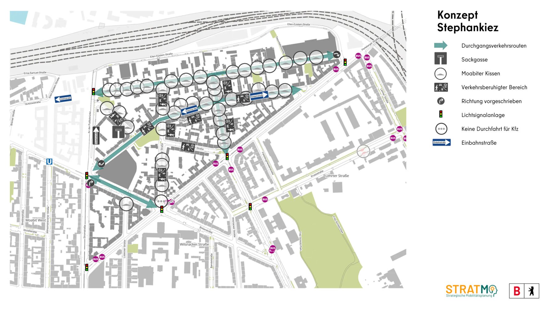 Konzeptkarte des Bezirksamts Mitte mit geplanten Verkehrsmaßnahmen im Stephankiez